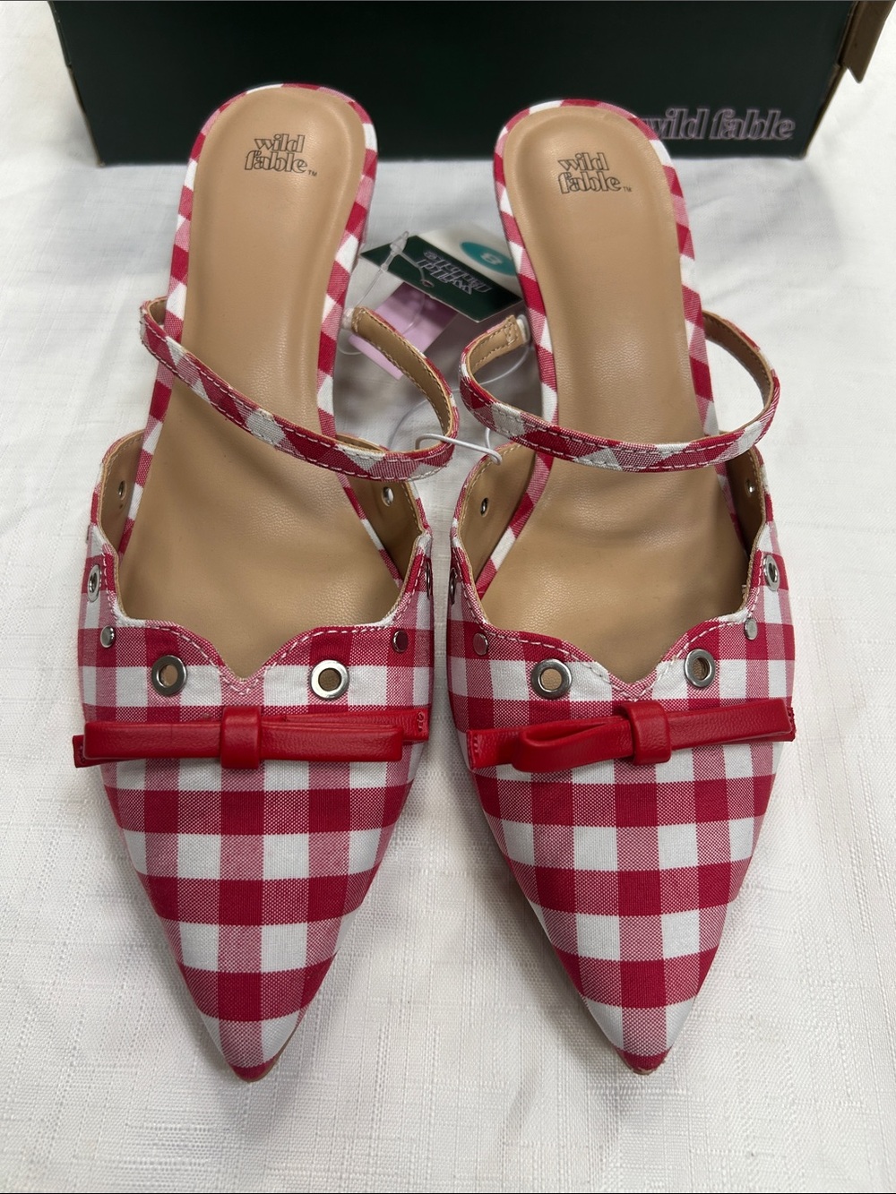 wild fable Red and White Gingham Pointed-Toe Slingback Mules with Bow